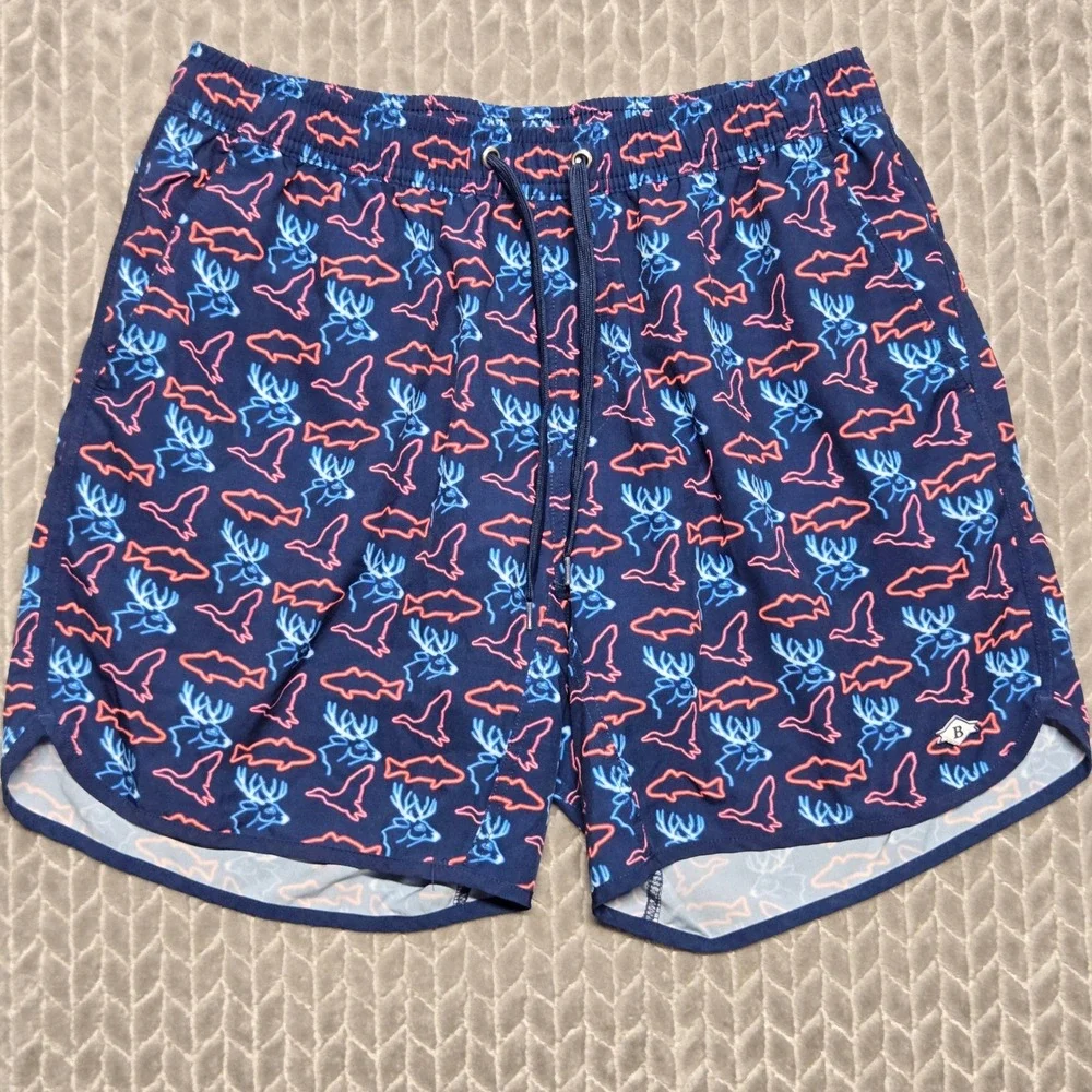 Burlebo Mens Navy Neon Animal Print Swim Trunks Compression Liner Size Medium